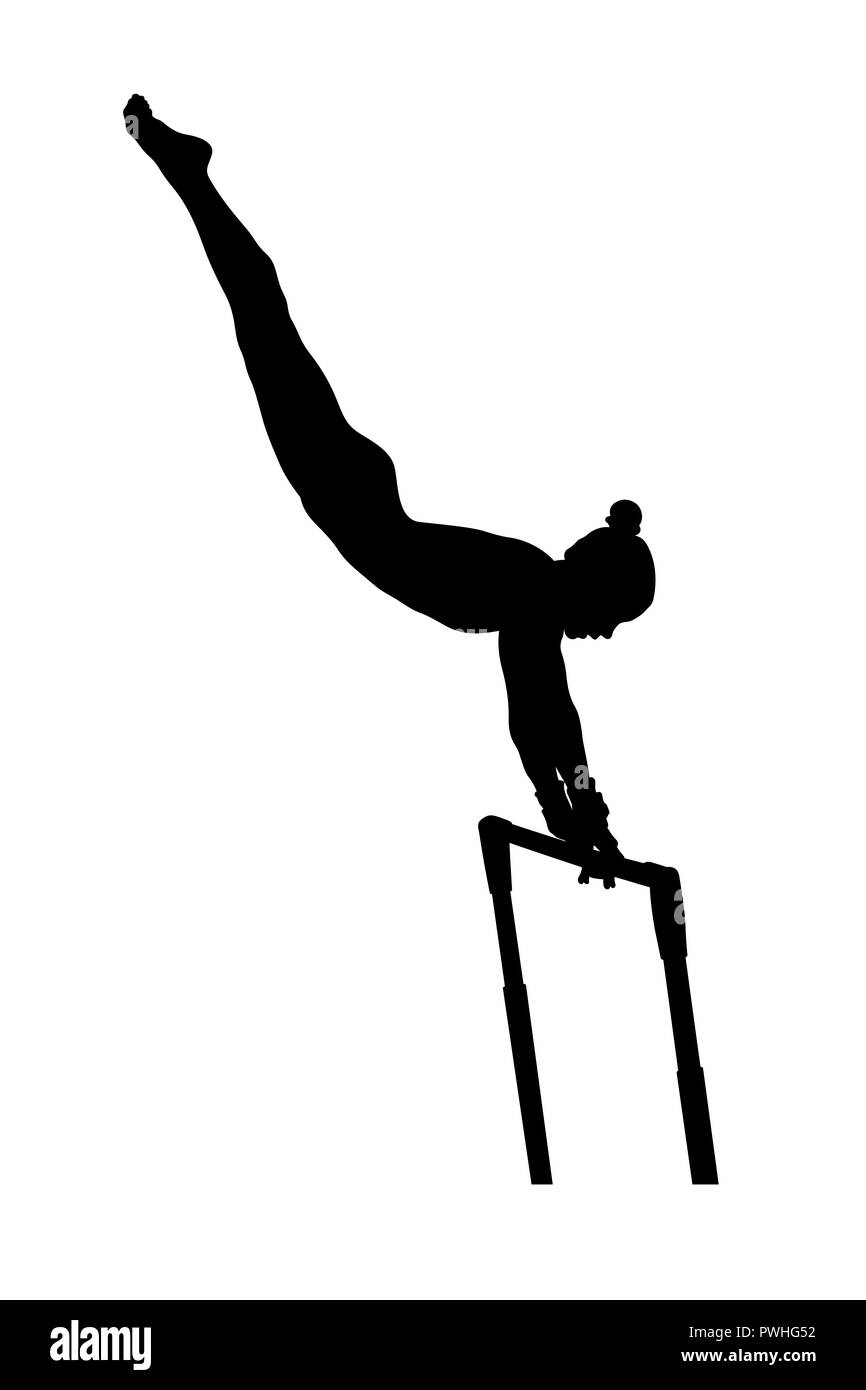 Barres asymétriques gymnaste femme exercice en gymnastique artistique Banque D'Images