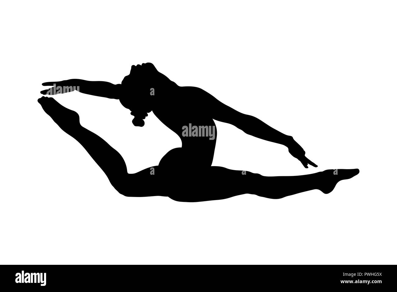 Split leap vraie femme gymnaste silhouette noire Banque D'Images