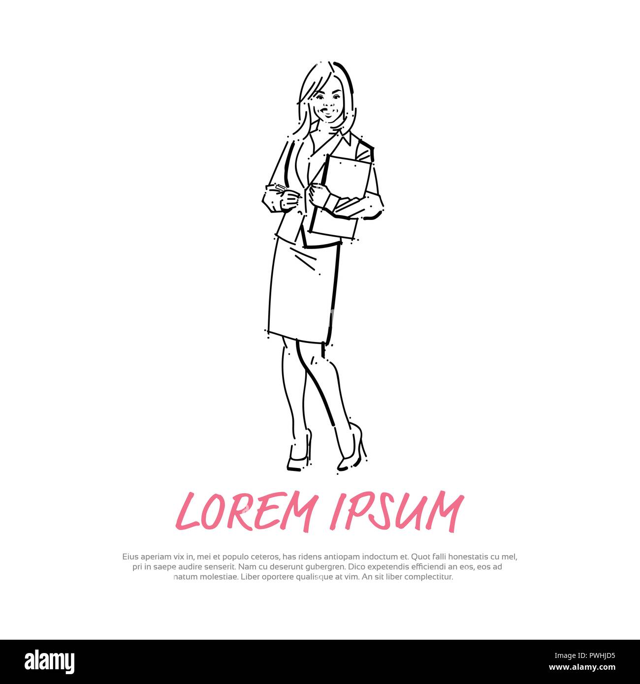 Business Woman holding concept dossier businesswoman sur fond blanc part dessiner croquis silhouette Illustration de Vecteur