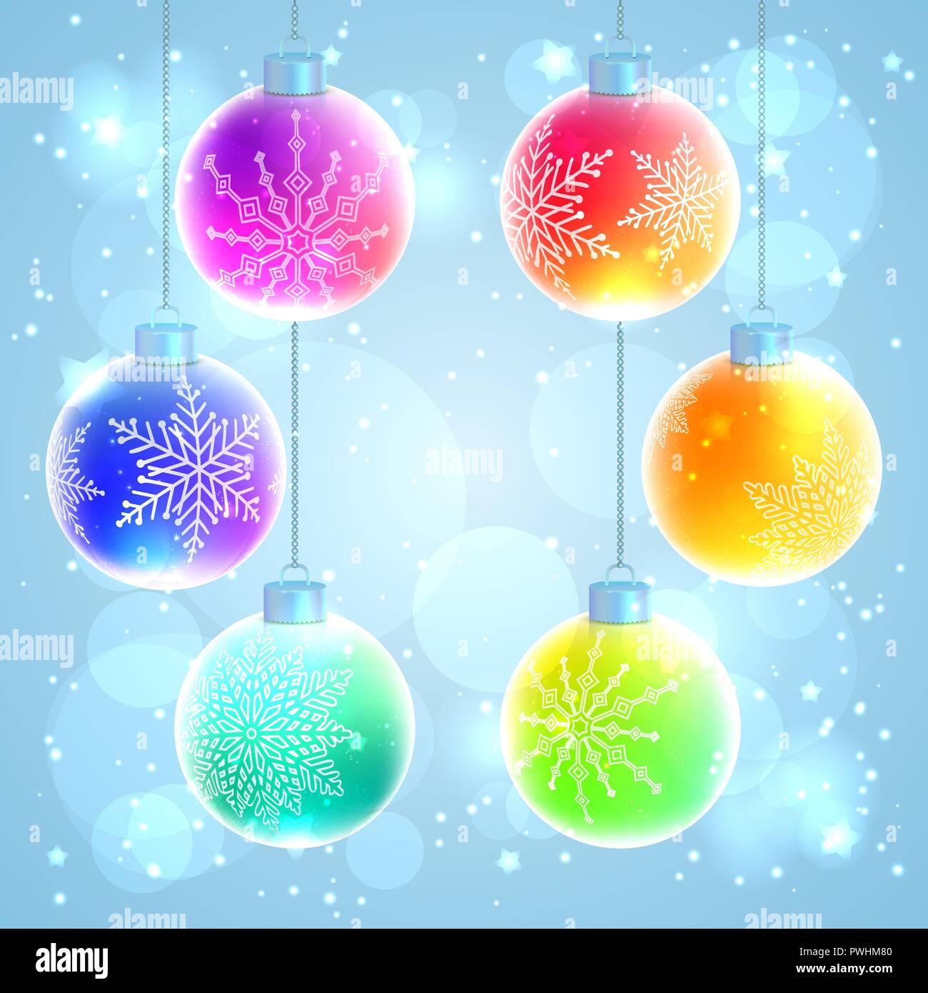 Ensemble de six boules de Noël arc-en-ciel colorés avec snowflake  décorations sur fond étincelait Image Vectorielle Stock - Alamy