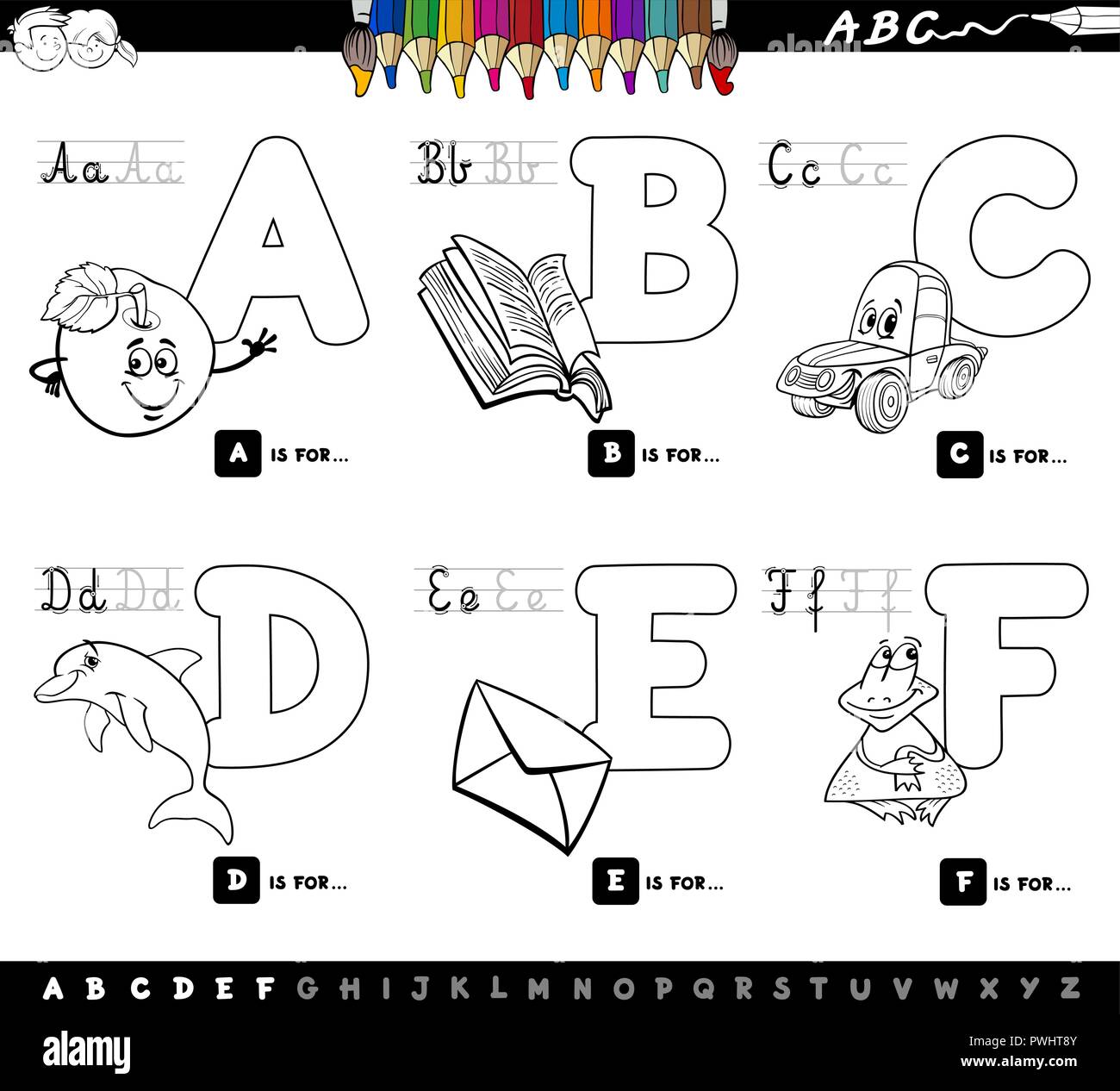 Cartoon noir et blanc Illustration de l'Alphabet Majuscules jeu éducatif pour l'apprentissage de lecture et d'écriture pour les enfants de A à F Color Book Illustration de Vecteur