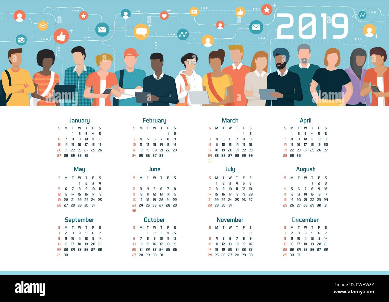 Communauté mondiale connecté via les médias sociaux, l'Agenda 2019 : la diversité, la communication et technologie concept Illustration de Vecteur