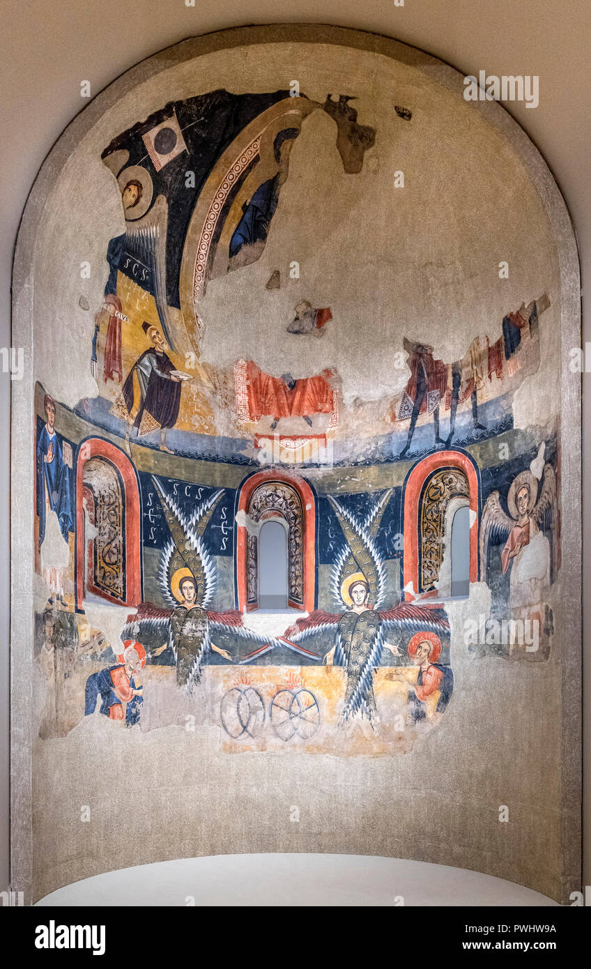 Fresque de l'Abside de Santa Maria d'Àneu datant de la fin du 11e siècle ou début du 12ème siècle, transféré à toile, cercle du maître de Pedret. Banque D'Images