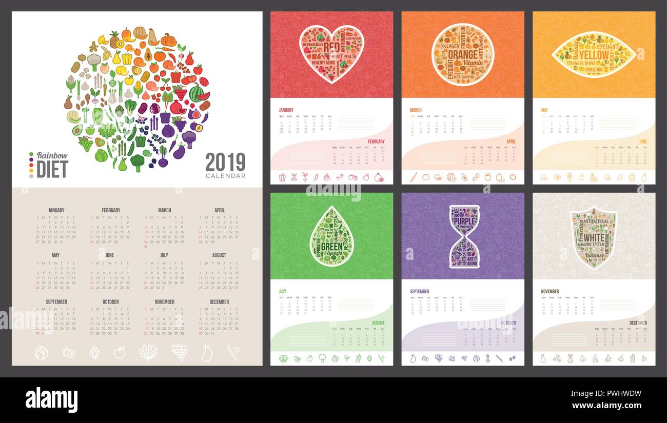 Calendrier 2019 régime arc-en-ciel avec six couleurs et icônes de légumes Illustration de Vecteur