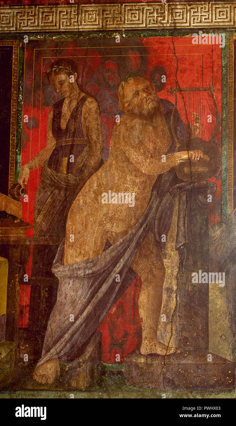 Fresque représentant un rite dionysiaque. Détail de la figure de silène jouant de la lyre et extatique, derrière, une femme de chambre ou esclave aidant la prêtresse d'accomplir le rite. 1er siècle après JC. Villa des Mystères. Pompéi. L'Italie. Banque D'Images
