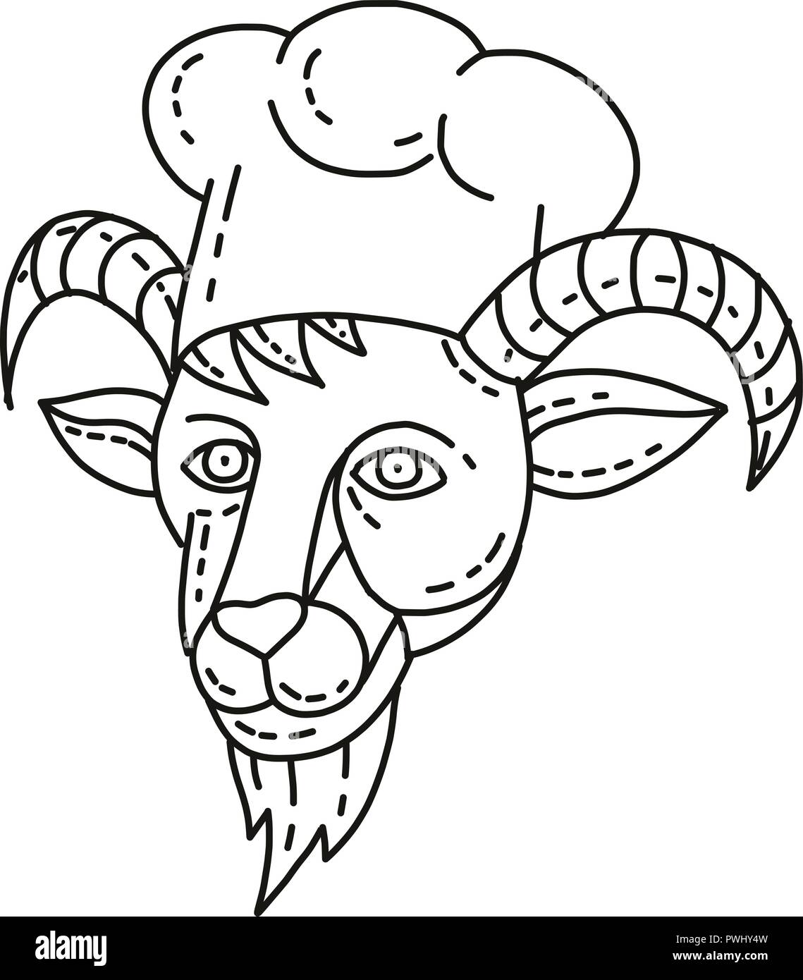 Illustration ligne mono d'un chef de la chèvre de montagne, chef cuisinier ou Baker fait en noir et blanc de style de produit unique. Illustration de Vecteur