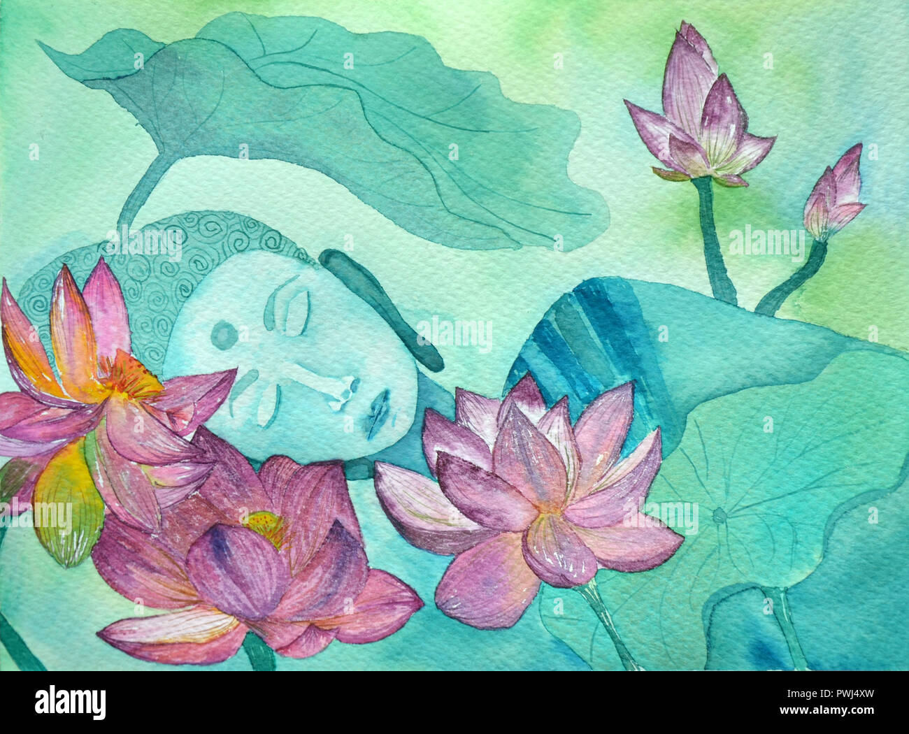Buddha silhouette en couleurs bleu et lotuseswth doucement arrière-plan flou Banque D'Images