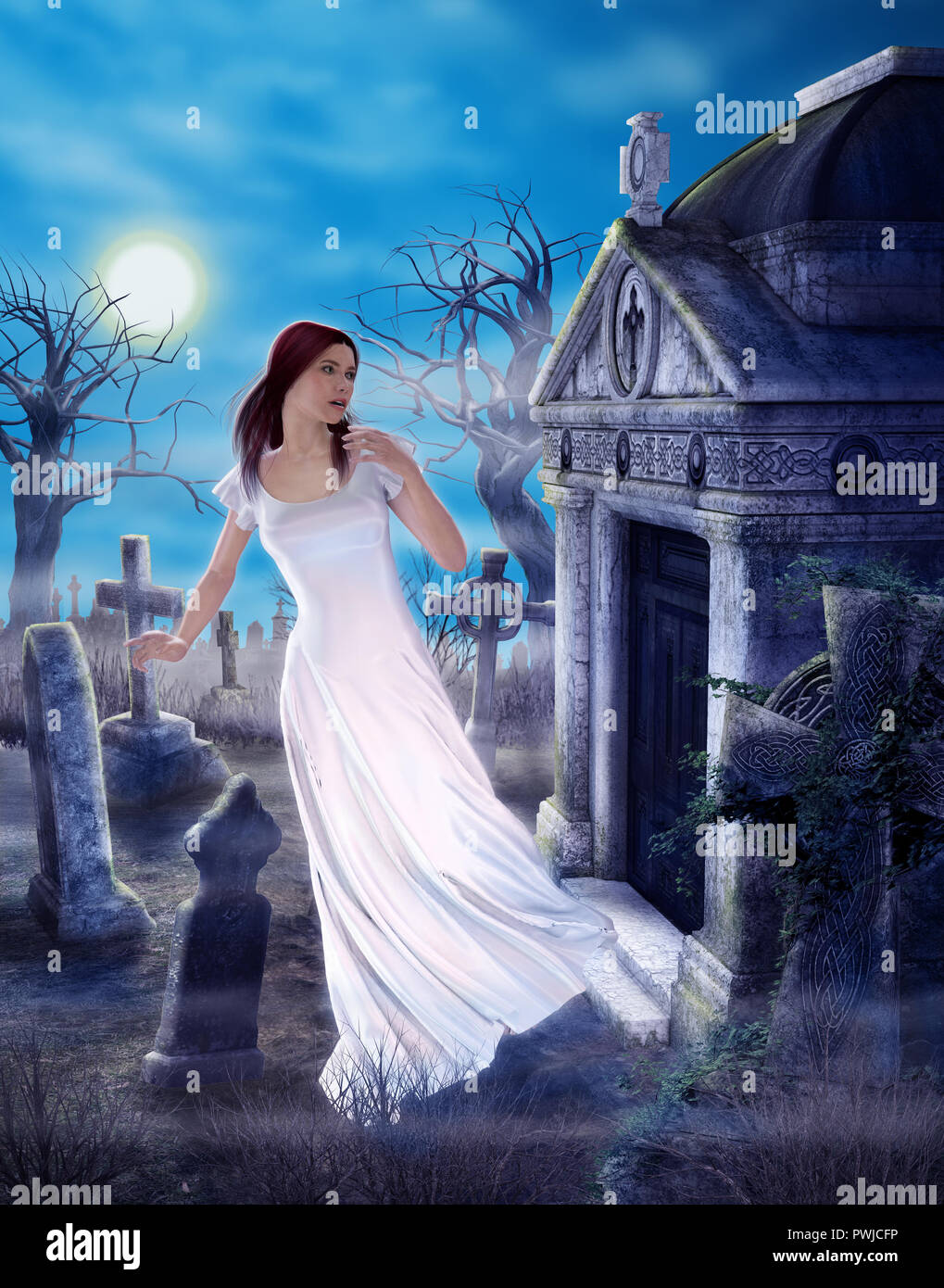 Une magnifique femme ghost griefing un amour perdu dans un cimetière antique spooky, peinture 3D render Banque D'Images