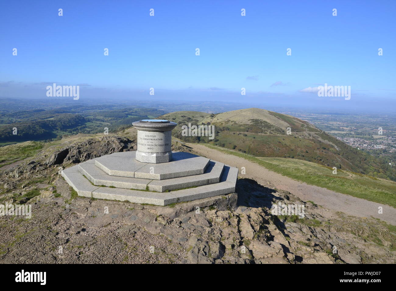 Célébration de 60 ans de la reine Victoria. Vue depuis Worcester Worcestershire Beacon, balise, la balise, Worcestershire, collines de Malvern, England, UK Banque D'Images