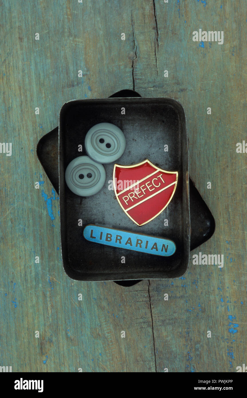 Petit gris contenant de l'étain et préfet de l'école et deux badges Bibliothécaire vintage boutons gris Banque D'Images