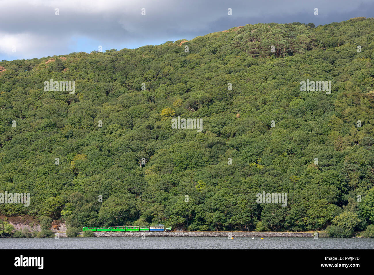 Machine à vapeur et des voitures de Llanberis Lake Railway la vapeur le long Llynpadarn Llanberfis à côté du lac, Banque D'Images