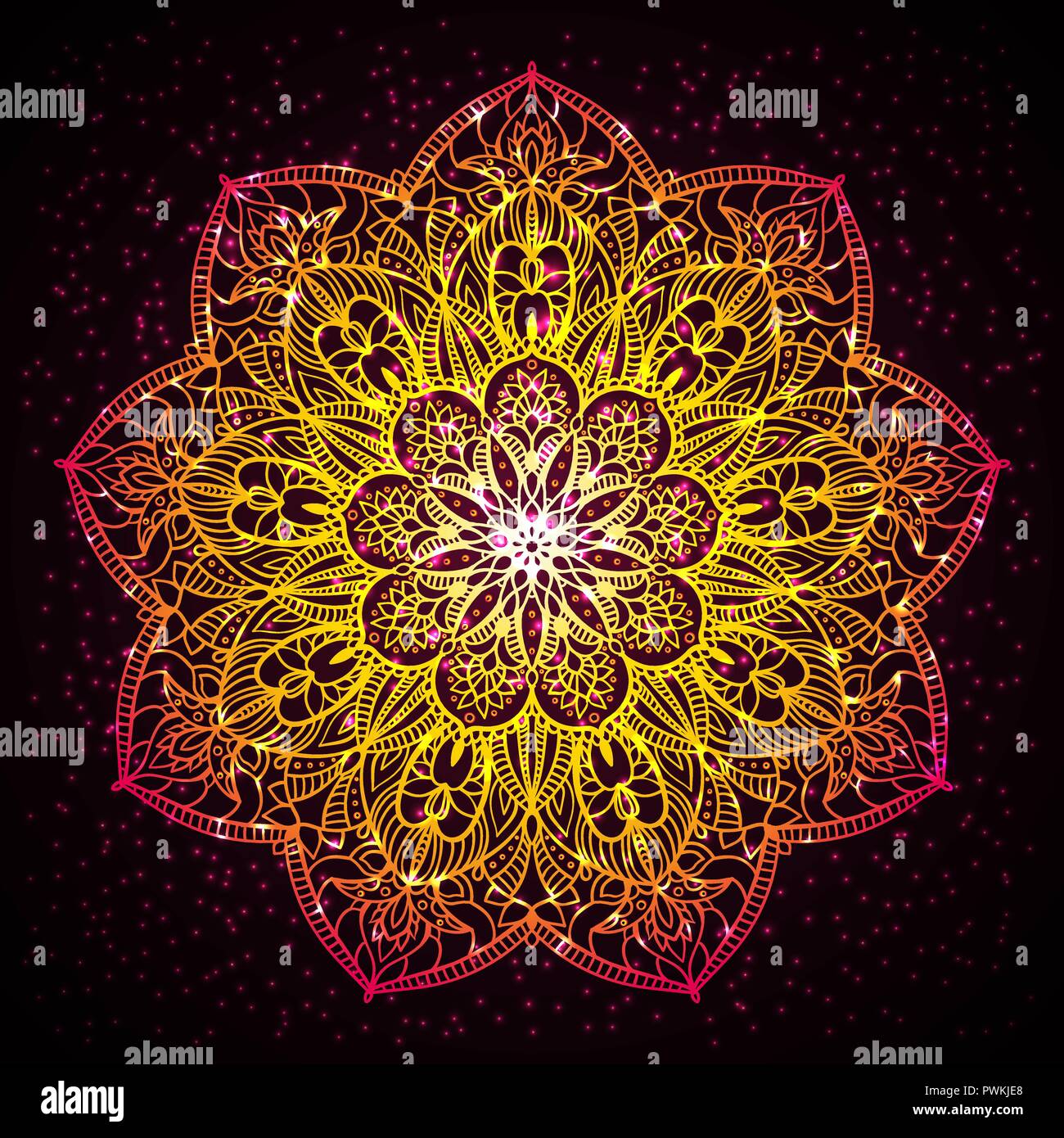 Belle diwali présente la conception de cartes. Mandala créative et artistique conception de tatouage sur fond sombre avec des lumières brillantes et effet de flou. Illustration de Vecteur