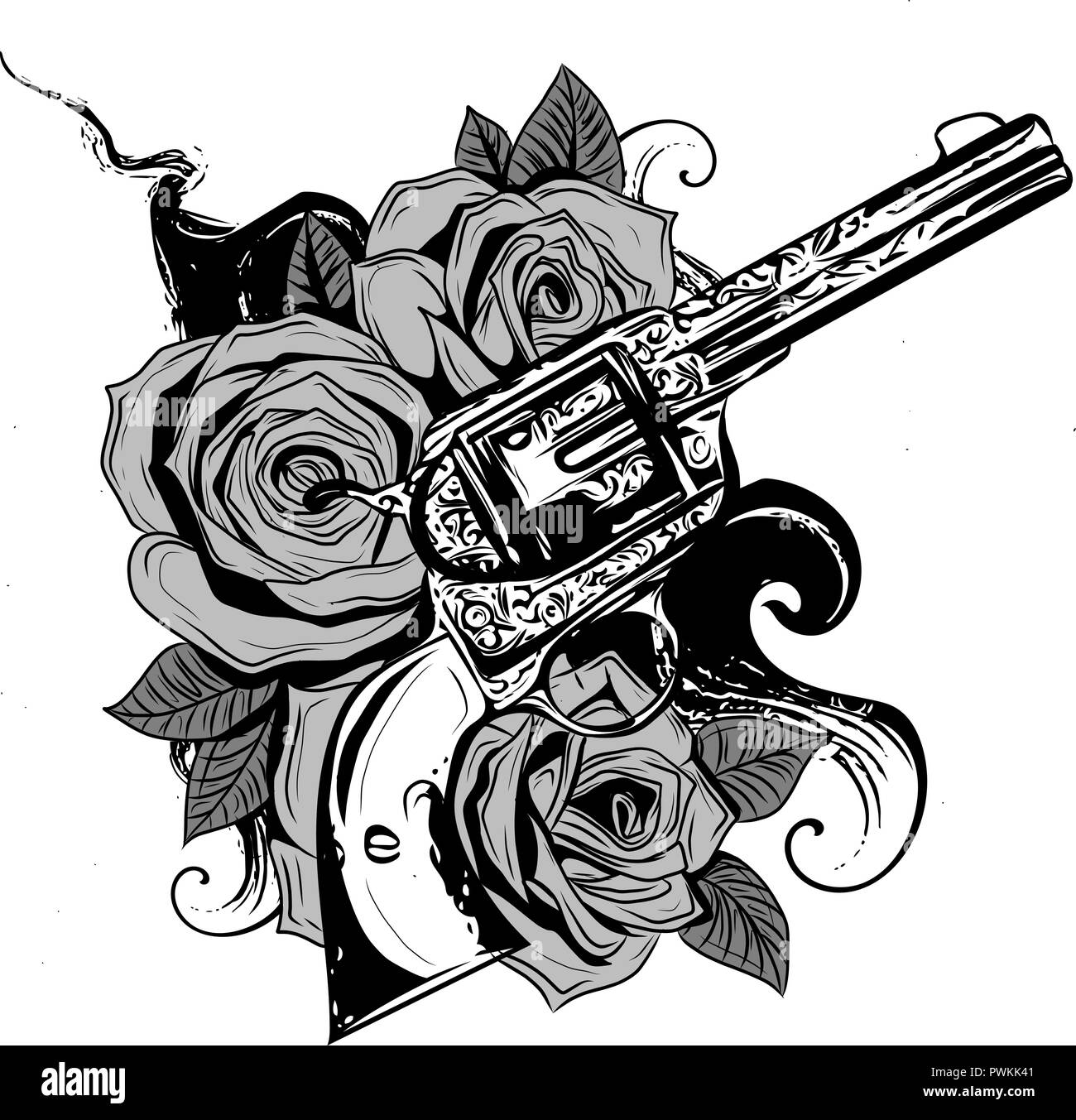 Des fusils et des fleurs rose dessiné dans le style de tatouage. Vector illustration. Illustration de Vecteur