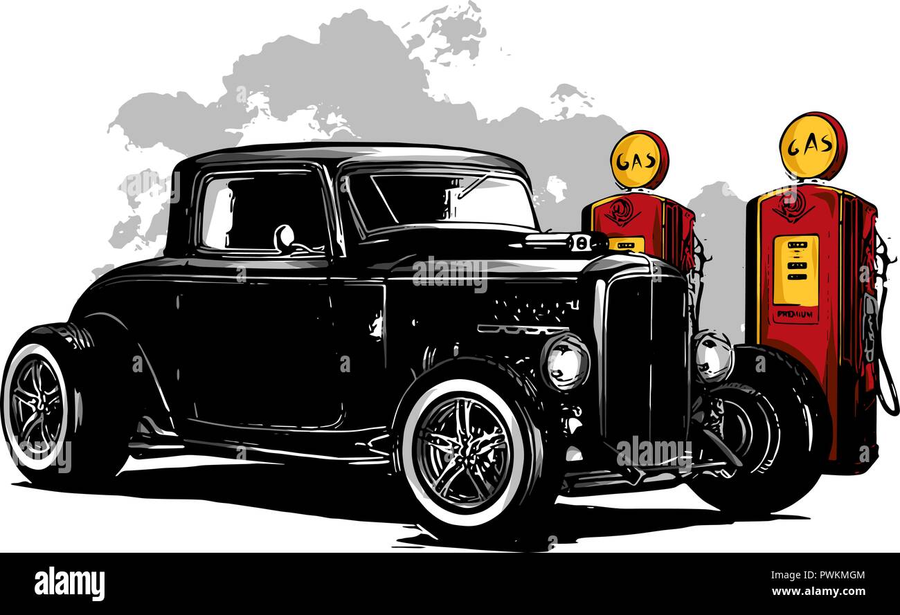 Vintage car, hot rod garage, hotrods,voiture voiture old school, Illustration de Vecteur