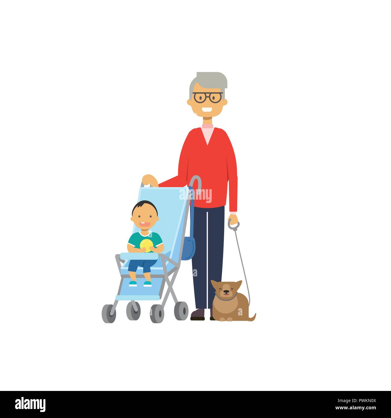 Grand Pere Avec Cat Et Petits Enfants Dans La Poussette De Bebe Multi Generation Family Pleine Longueur Avatar Sur Fond Blanc Les Concept De Famille D Arbre De Genre Television Design Dessin Anime Image Vectorielle