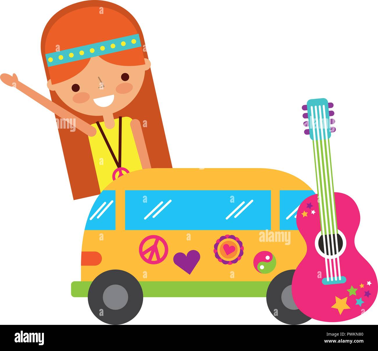 Cartoon femme hippie van et guitare vector illustration Illustration de Vecteur