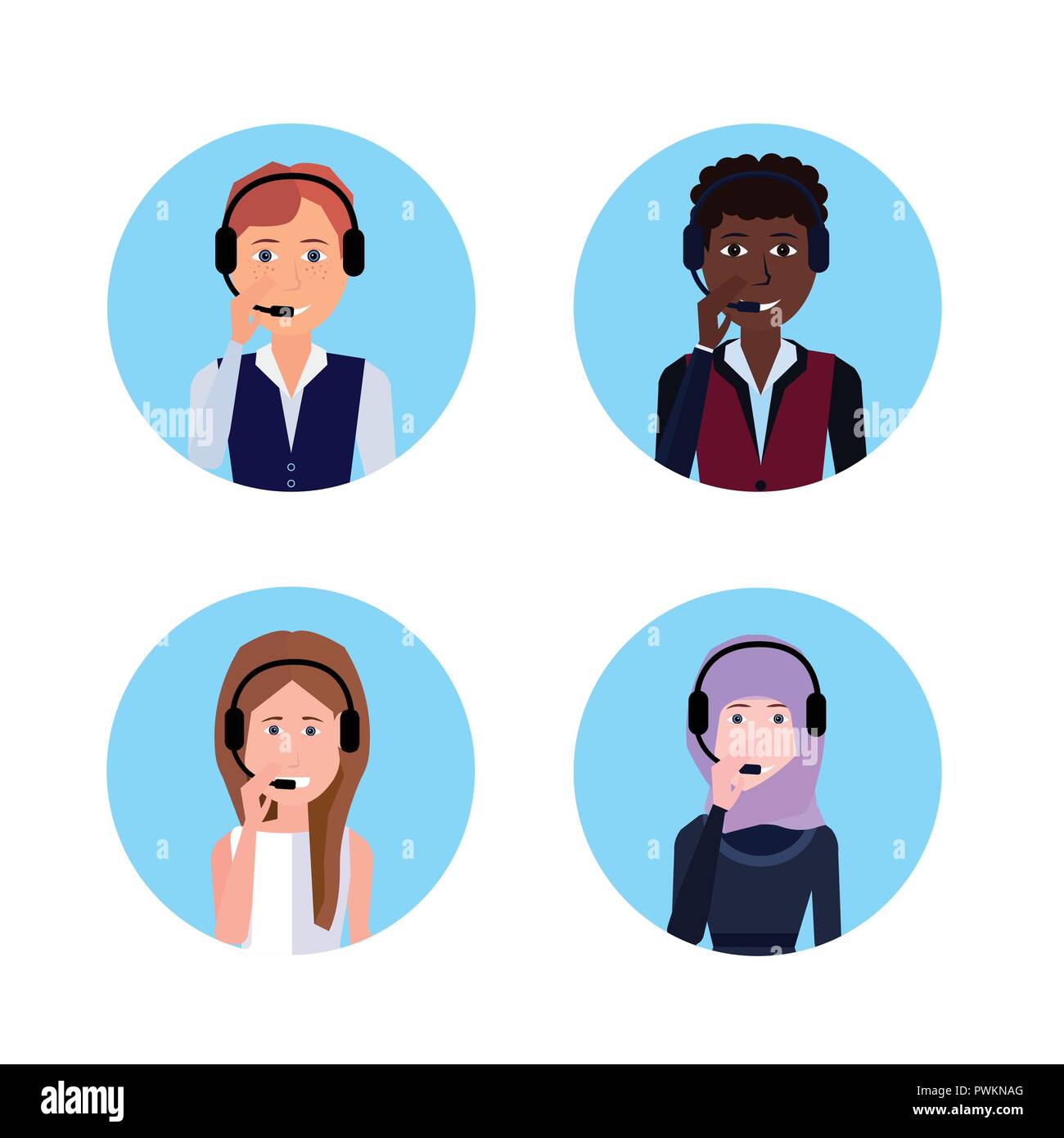 Mélanger divers course casque call center agent client assistance en ligne, l'opérateur de service clientèle et technique, l'icône de chat concept, design plat espace copie Illustration de Vecteur
