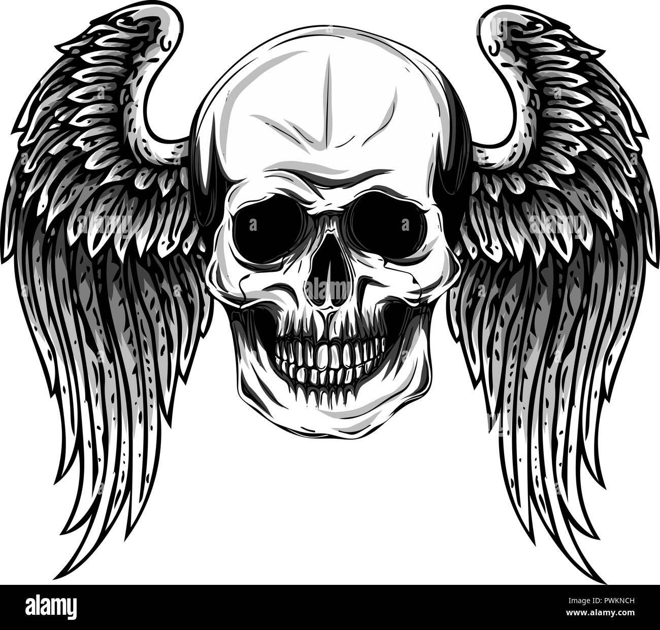 Crâne humain avec des ailes de conception de tatouage. Illustration de Vecteur