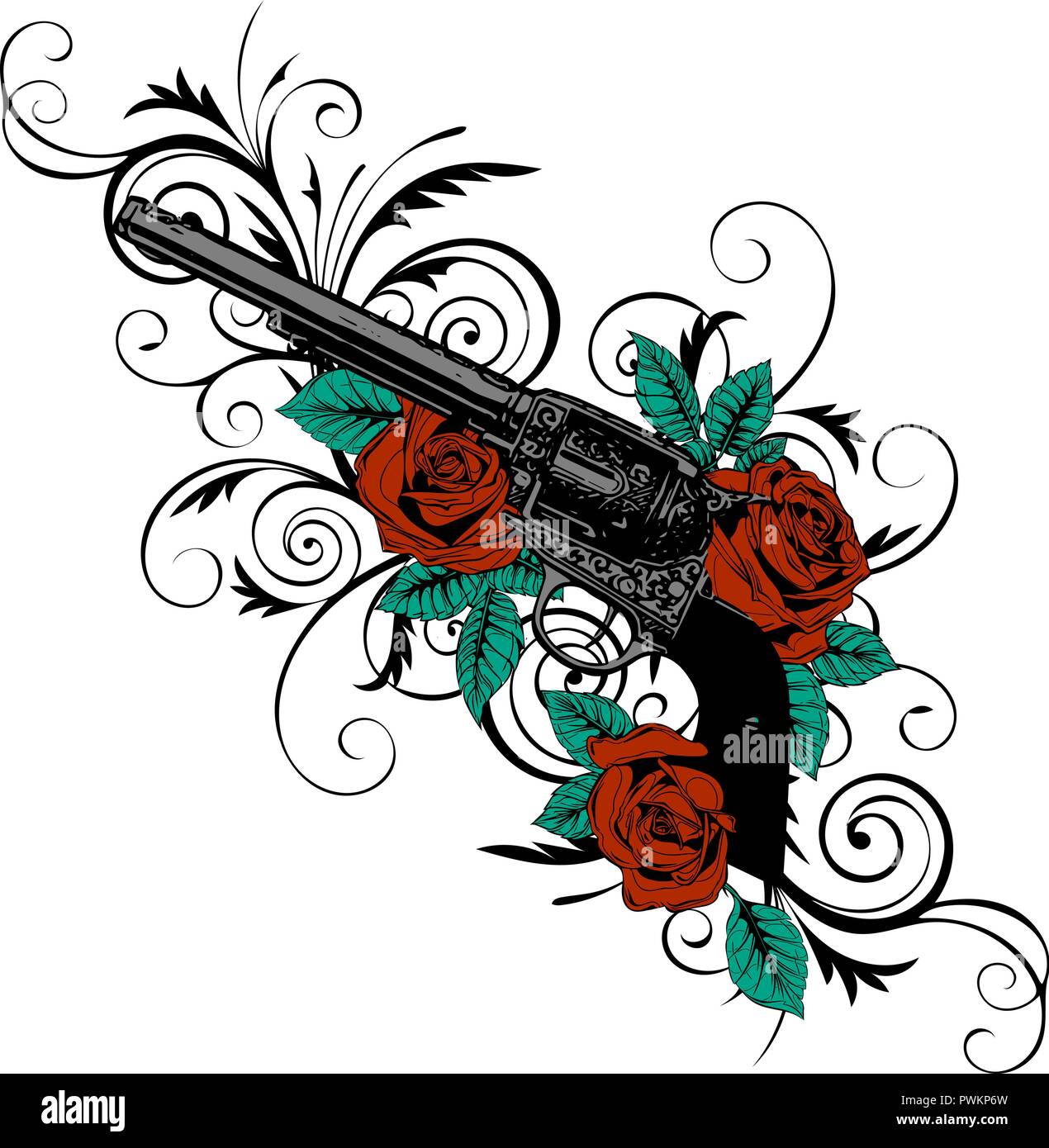 Vector illustration d'armes à feu sur la fleur et les ornements avec le style de dessin de tatouage floral Illustration de Vecteur