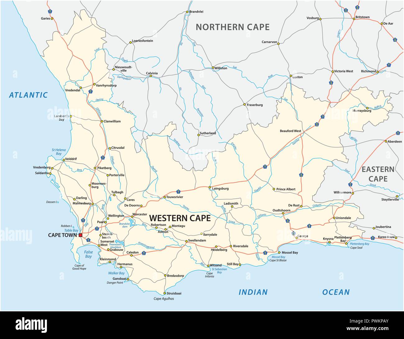 Afrique du Sud Western Cape Province road carte vectorielle. Illustration de Vecteur