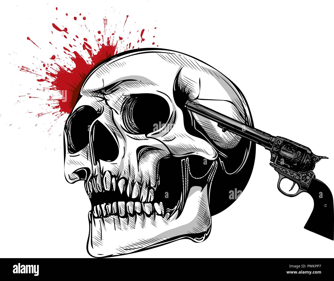 Suicide vecteur crâne avec gun et le sang Illustration de Vecteur