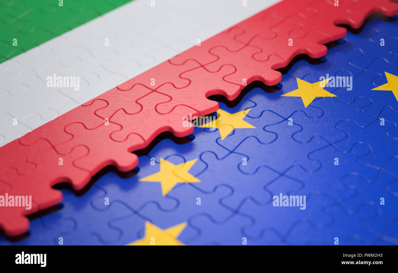 Pavillon de l'Italie et l'Union européenne sous la forme de pièces de puzzle dans le concept de la politique et de l'union économique. Banque D'Images