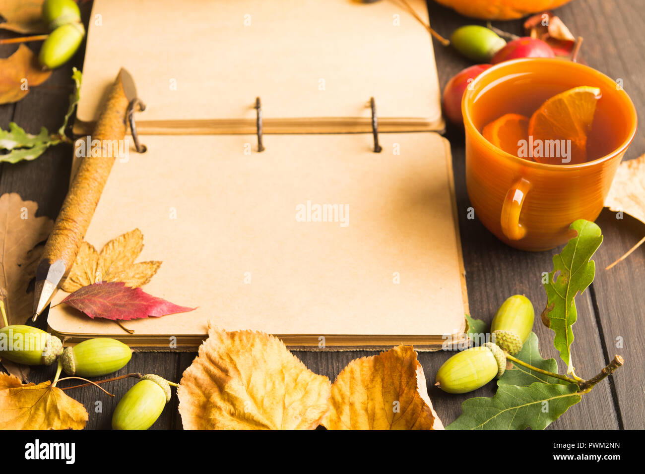 Automne fond ouvrir avec bloc-notes avec stylo vintage, thé chaud avec du citron et des feuilles sèches sur table en bois, selective focus Banque D'Images