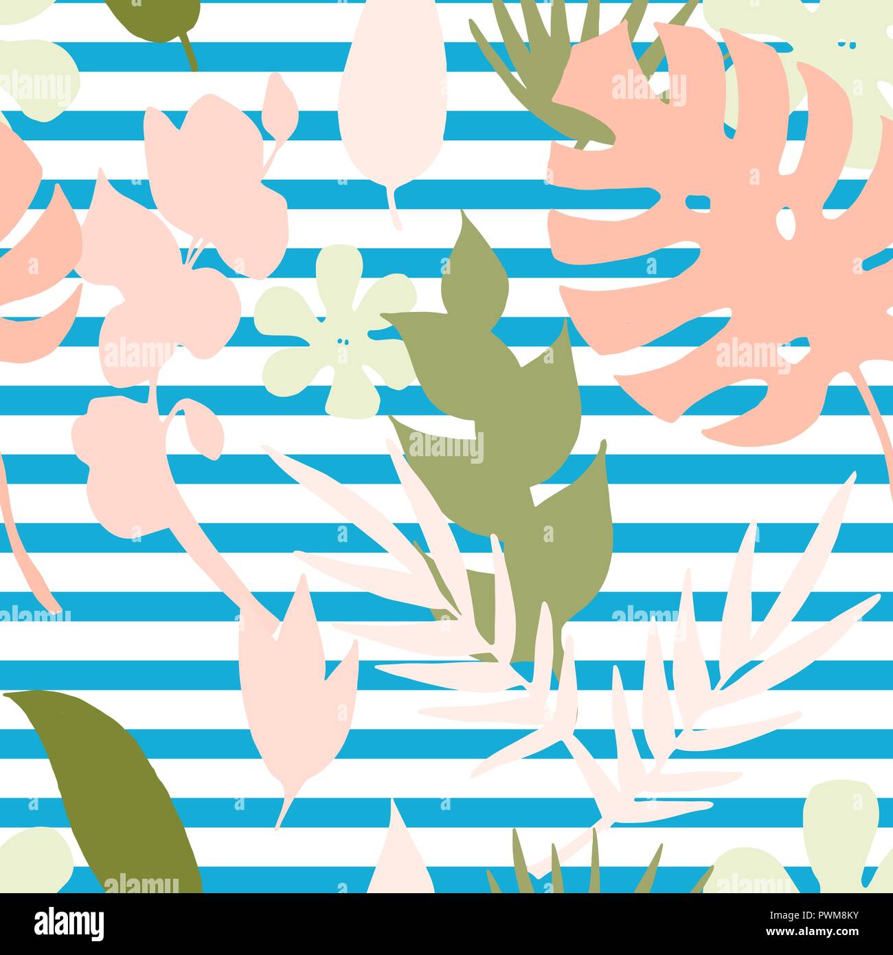 Transparente avec motif vecteur silhouette,tropical,plantes exotiques.flovers,feuilles,palm monstera brunch sur un fond bleu et blanc à rayures horizantal background.Un Illustration de Vecteur