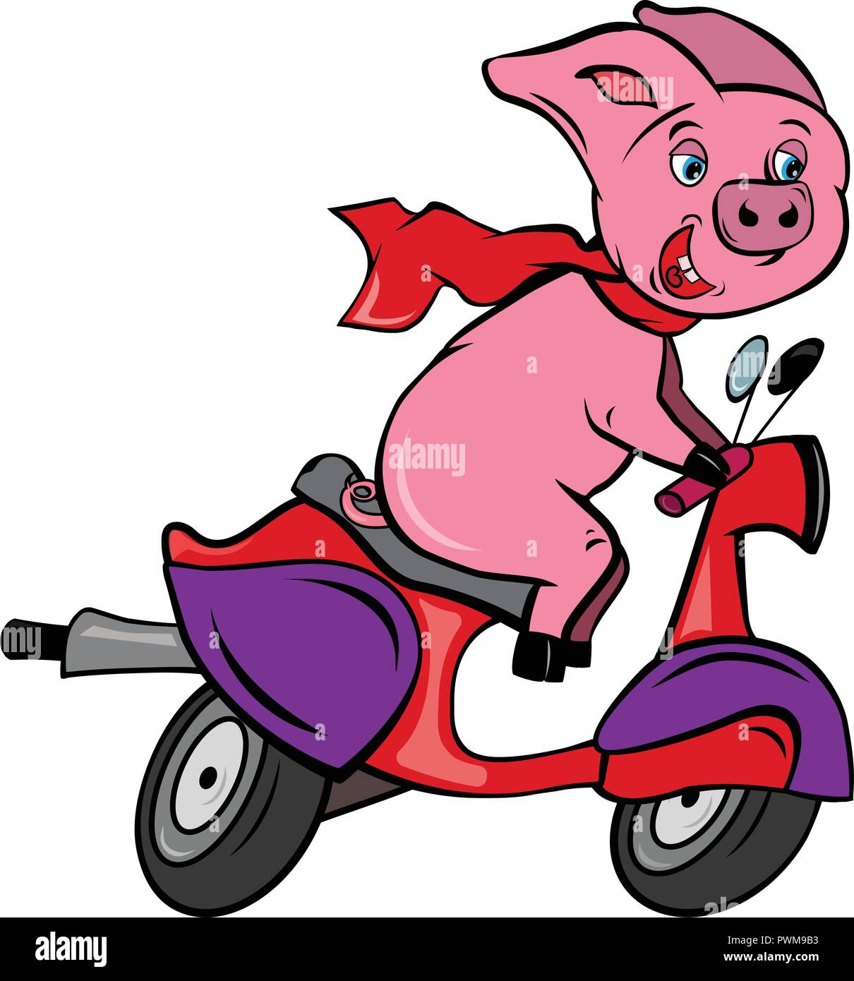 Funny pink pig rider sur un scooter vélo rapide rouge Illustration de Vecteur