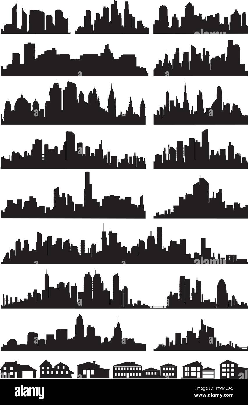 Ensemble d'​​Silhouette ville détaillé vector big city skyline Illustration de Vecteur