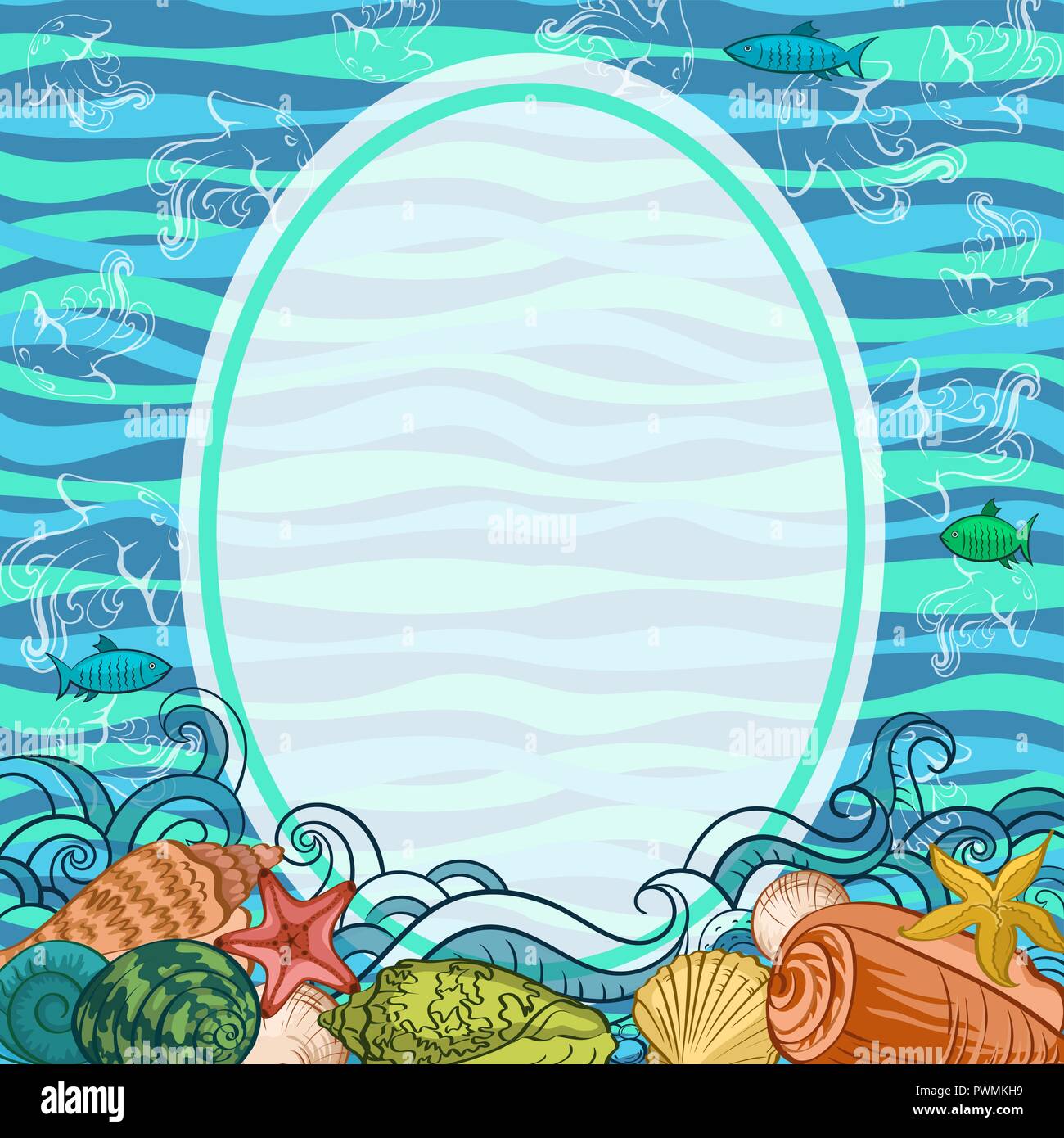 Modèle exotiques de la mer, coquillages, poissons, étoiles de mer et des contours colorés sur un fond vague bleue et verte. Vector Illustration de Vecteur