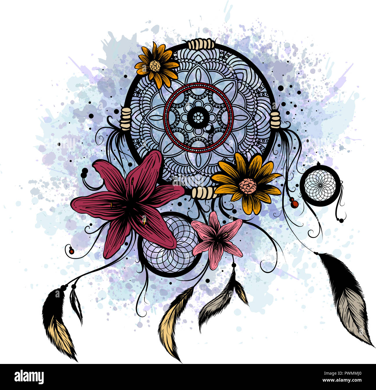 L'illustration de mode avec Dream Catcher et fleurs. Conception à la main Banque D'Images L'illustration de mode avec Dream Catcher et fleurs. Conception à la main Banque D'Images
