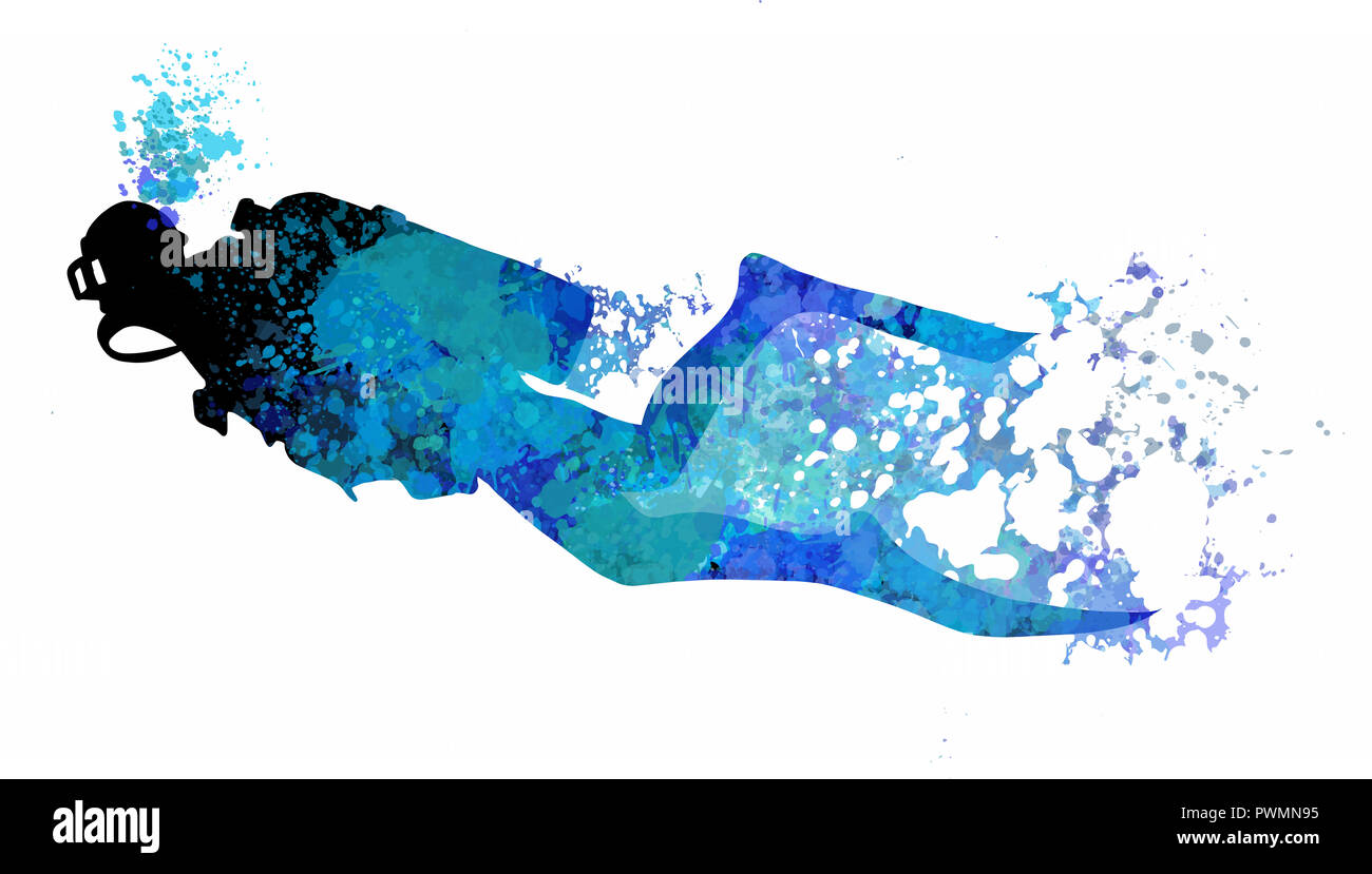 Plongée sous l'illustration. Plongeur natation signe isolé dans télévision cartoon style. Banque D'Images