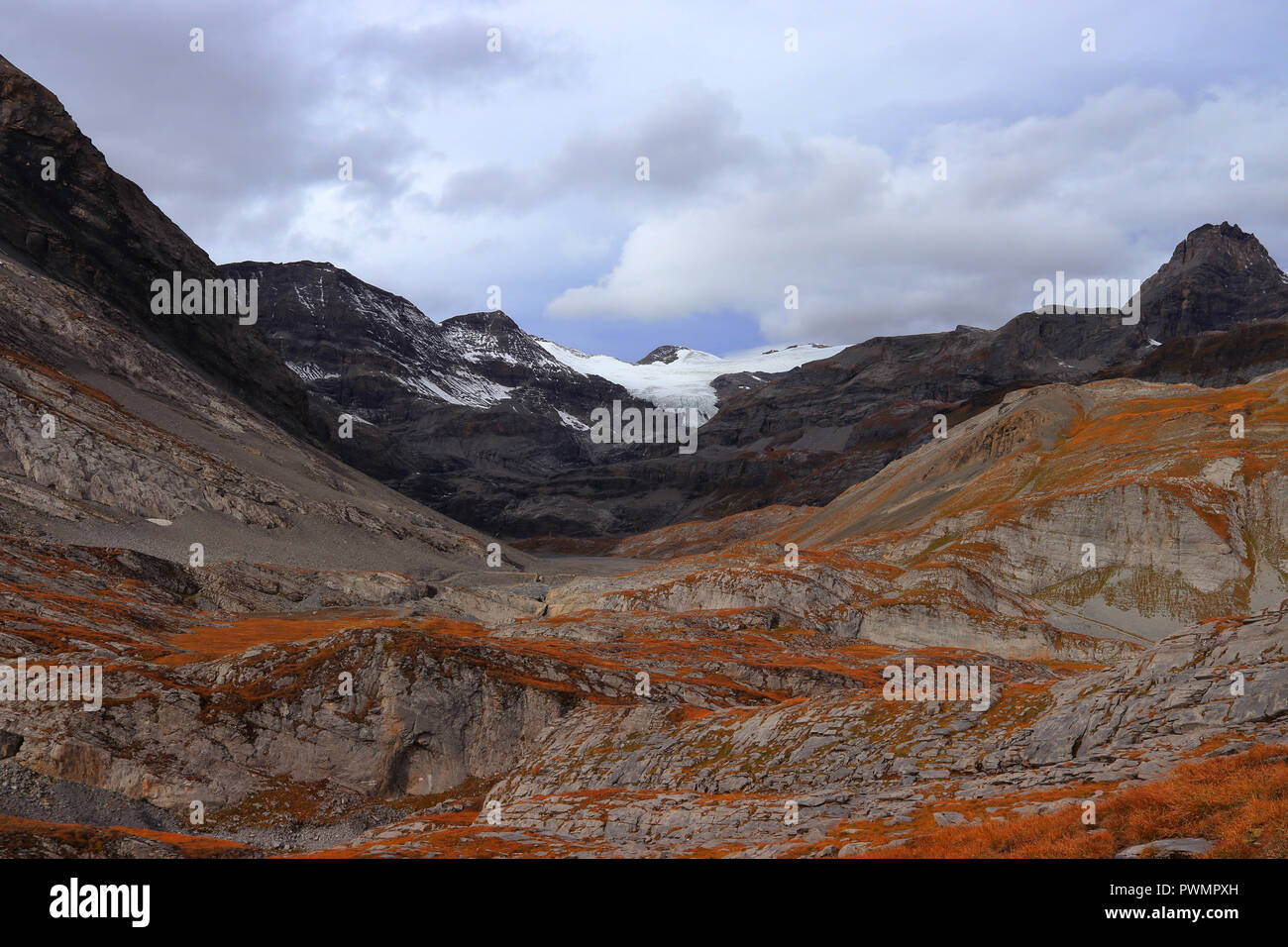 Couleurs d'automne dans les hautes montagnes de la Suisse. La Gemmi (2 270 m / 7 448 ft) près de Leukerbad, canton du Valais, Suisse. Banque D'Images