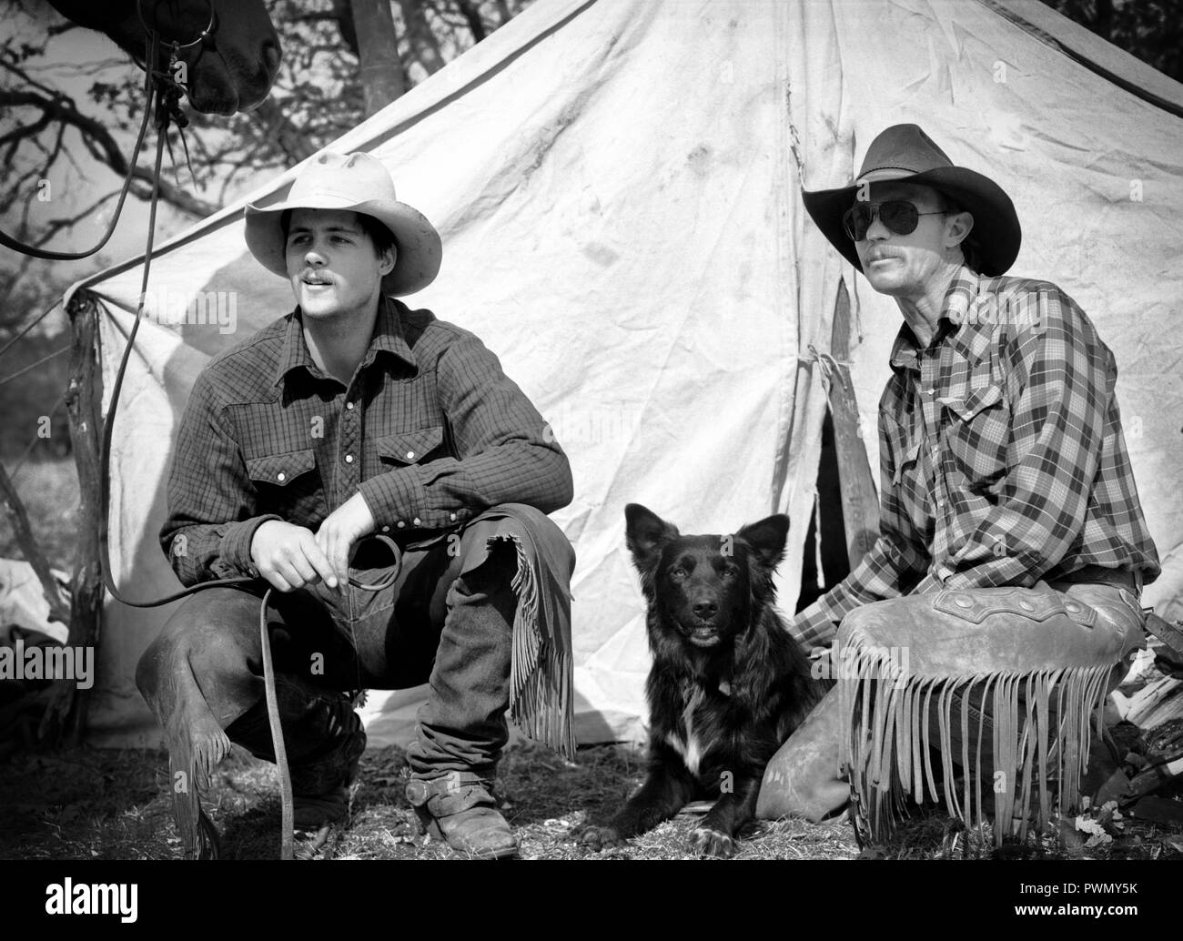 Deux cowboys assis à l'extérieur de leur tente avec chien Banque D'Images