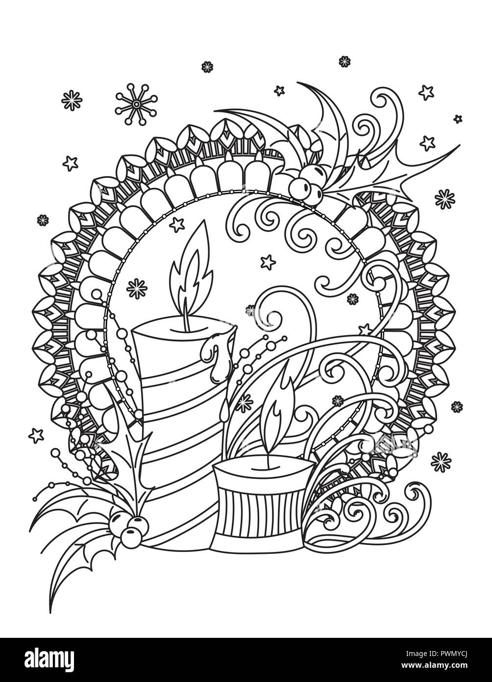 Coloriage mandala de Noël. Livre de coloriage adultes. Décor de vacances, candales vallonné, massothérapeutes, rubans et les flocons. Hand drawn vector illustration. Illustration de Vecteur