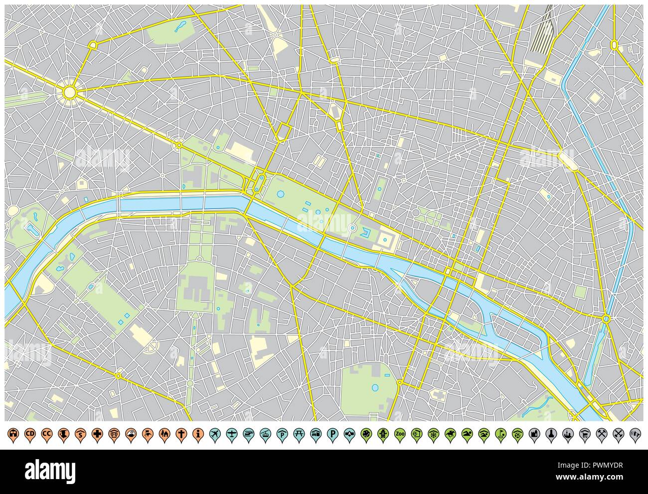 Plan de la ville de paris avec l'axe de communication et de l'infrastructure d'icônes. Illustration de Vecteur