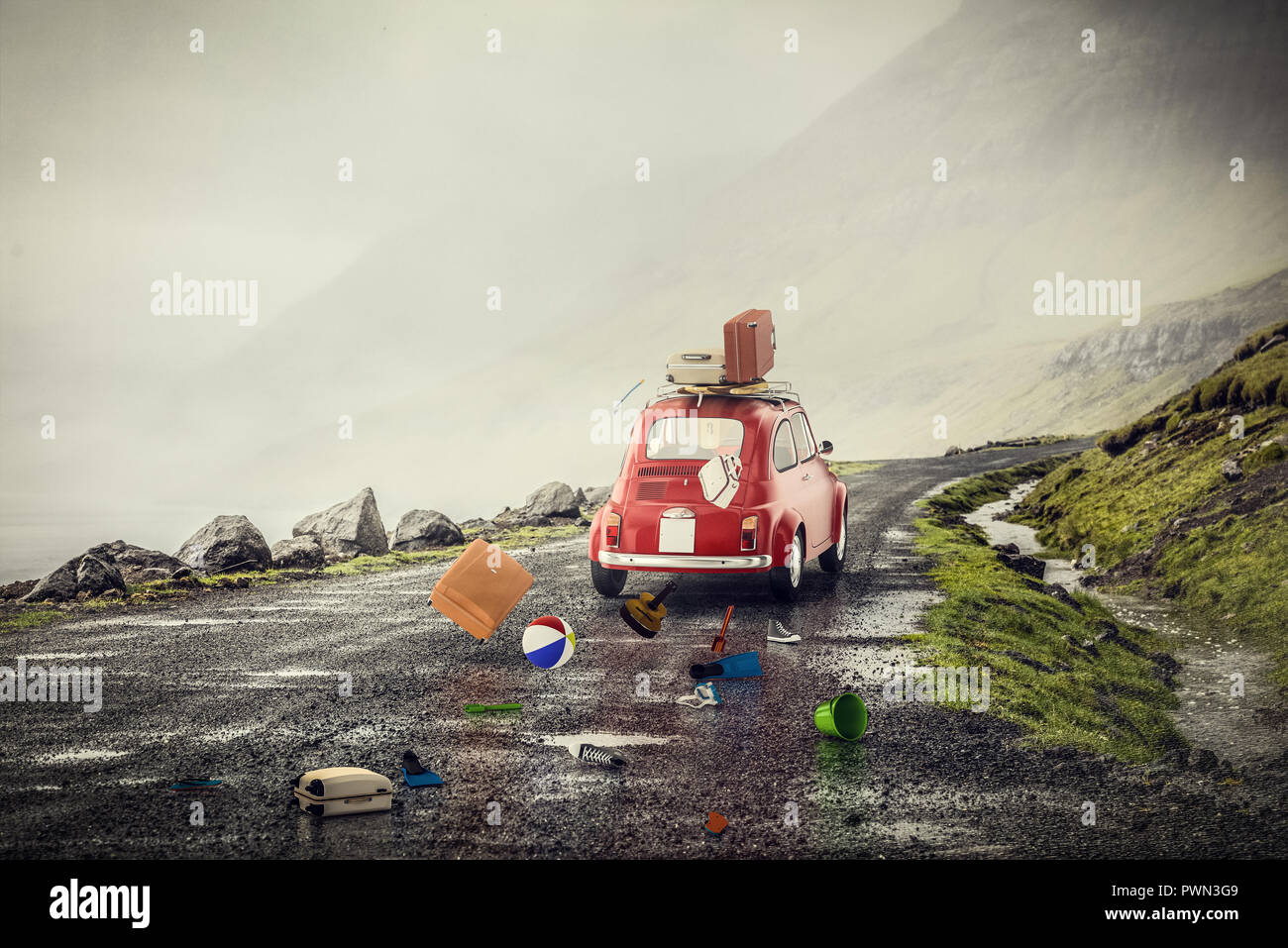 Petite voiture rouge avec summer beach stuff sur route solitaire le mauvais temps l'image de rendu 3D Banque D'Images