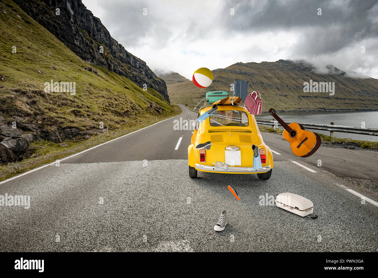 Voiture ancienne et la baisse de la substance sur la plage route isolée de l'image de rendu 3D Banque D'Images