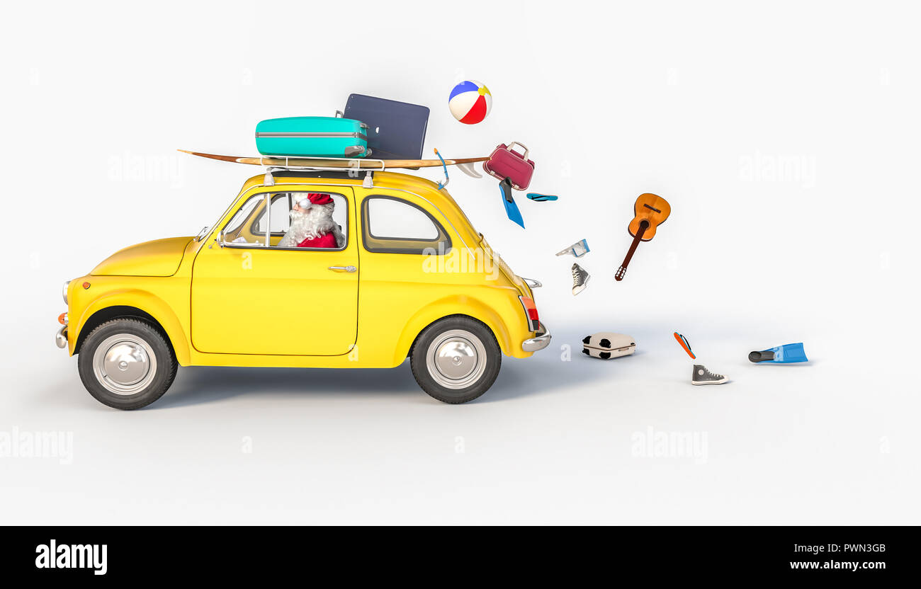 Peu d'entraînement de père noël voiture jaune et perdre les objets sur fond d'été whie rendu 3D Banque D'Images