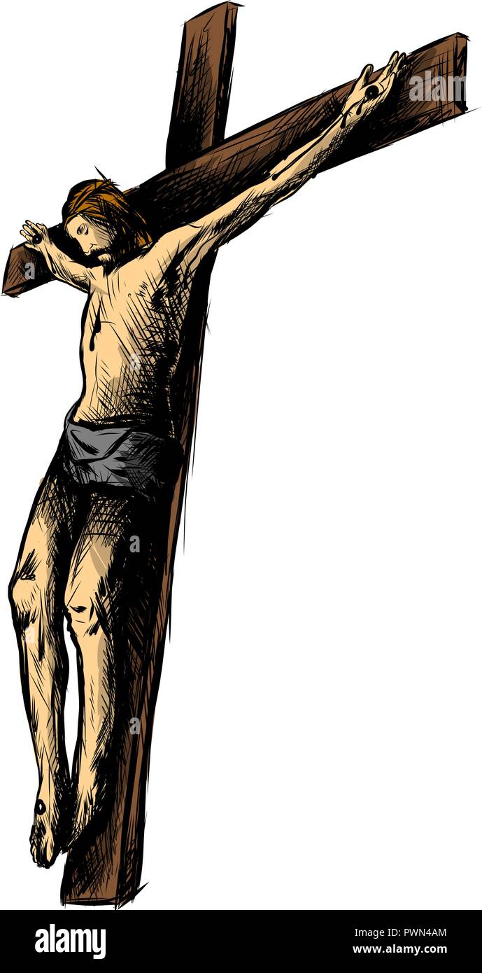 Jésus Christ, le Fils de Dieu dans une couronne d'épines sur sa tête, un symbole du christianisme hand drawn vector illustration. Illustration de Vecteur