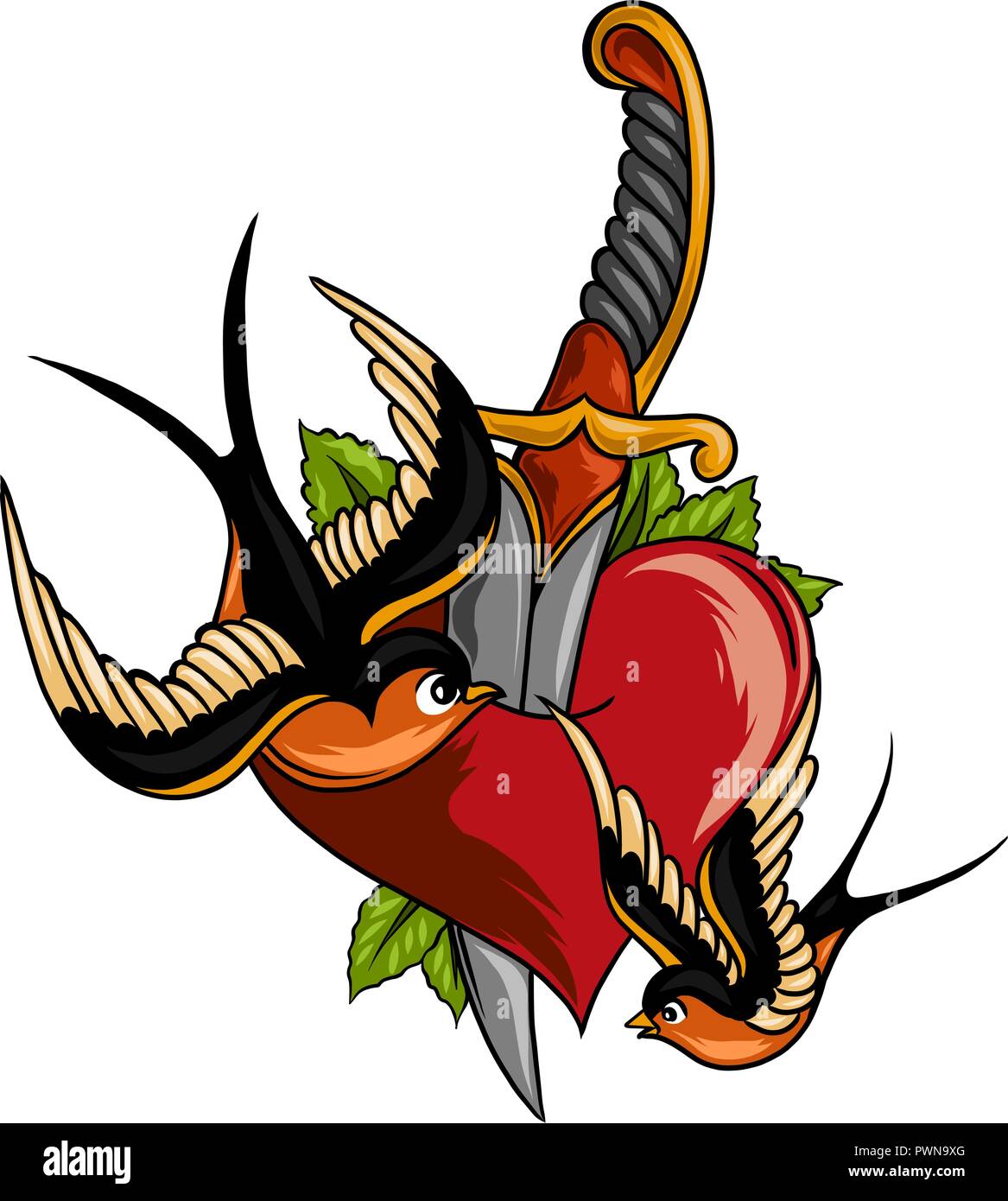 La main de l'illustration détaillée ancien couteau poignard courbe piercing par coeur. Style graphique old school tattoo art, symbole traditionnel. Illustration de Vecteur