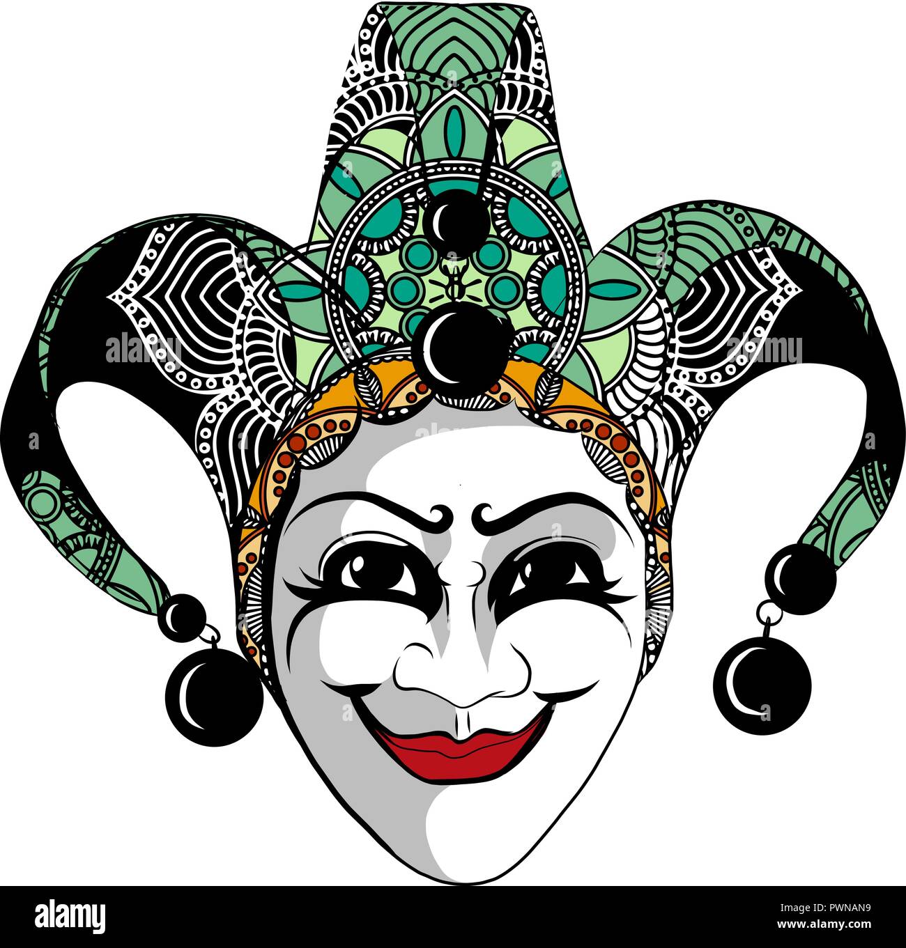 Carnaval vénitien décoré, masque de bouffon avec des cloches et golden glitter, style croquis vector illustration Illustration de Vecteur