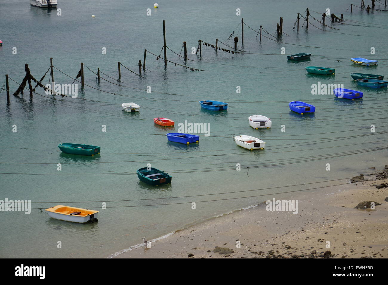 Attaché petits bateaux colorés à partir de montants en bois flottant sur l'océan à marée basse en Bretagne, France Banque D'Images