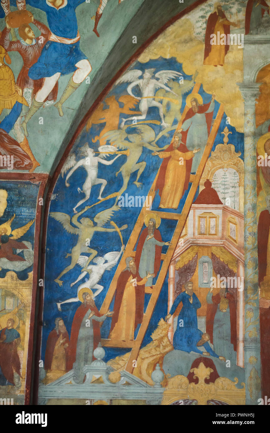 L'Échelle sainte (l'échelle du Paradis) représenté dans la fresque de peintres russes Dmitry Plékhanov et Fédor Ignatiev daté de 1700 à la tribune nord (papert) dans l'église de Saint Jean le Baptiste au Tolchkovo à Iaroslavl, Russie. Banque D'Images
