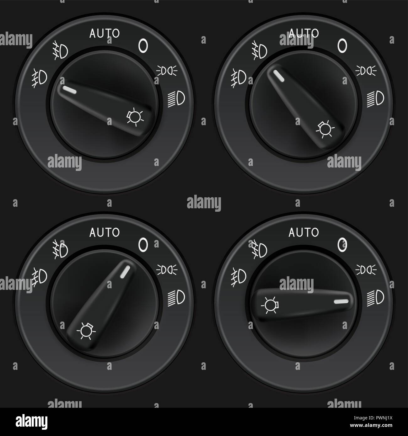Sélecteurs de phares. Tableau de bord voiture éléments noirs Illustration de Vecteur