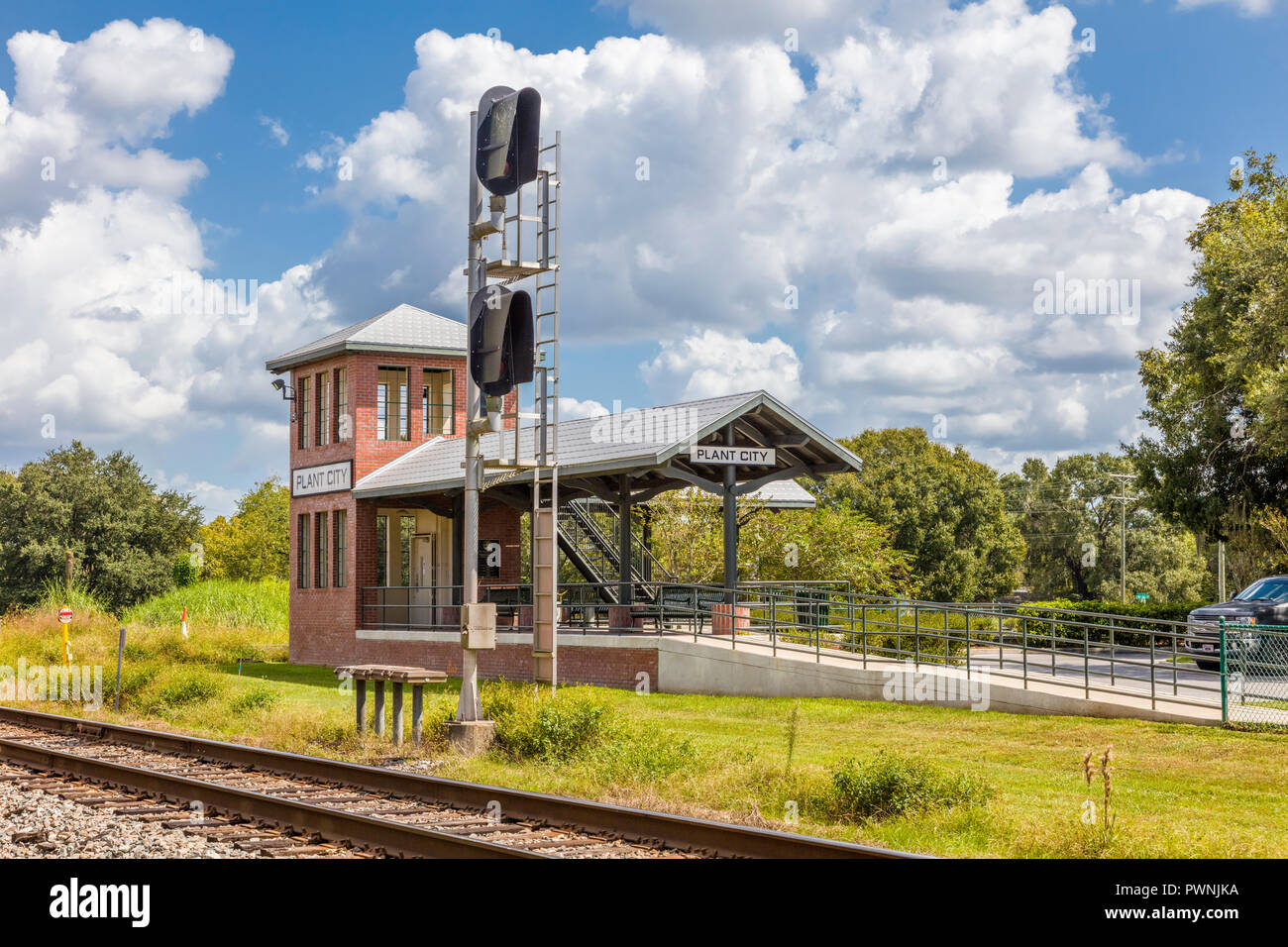 Plate-forme Veiwing Train et voie ferrée à la gare Union Depot à Plant City en Floride aux États-Unis Banque D'Images