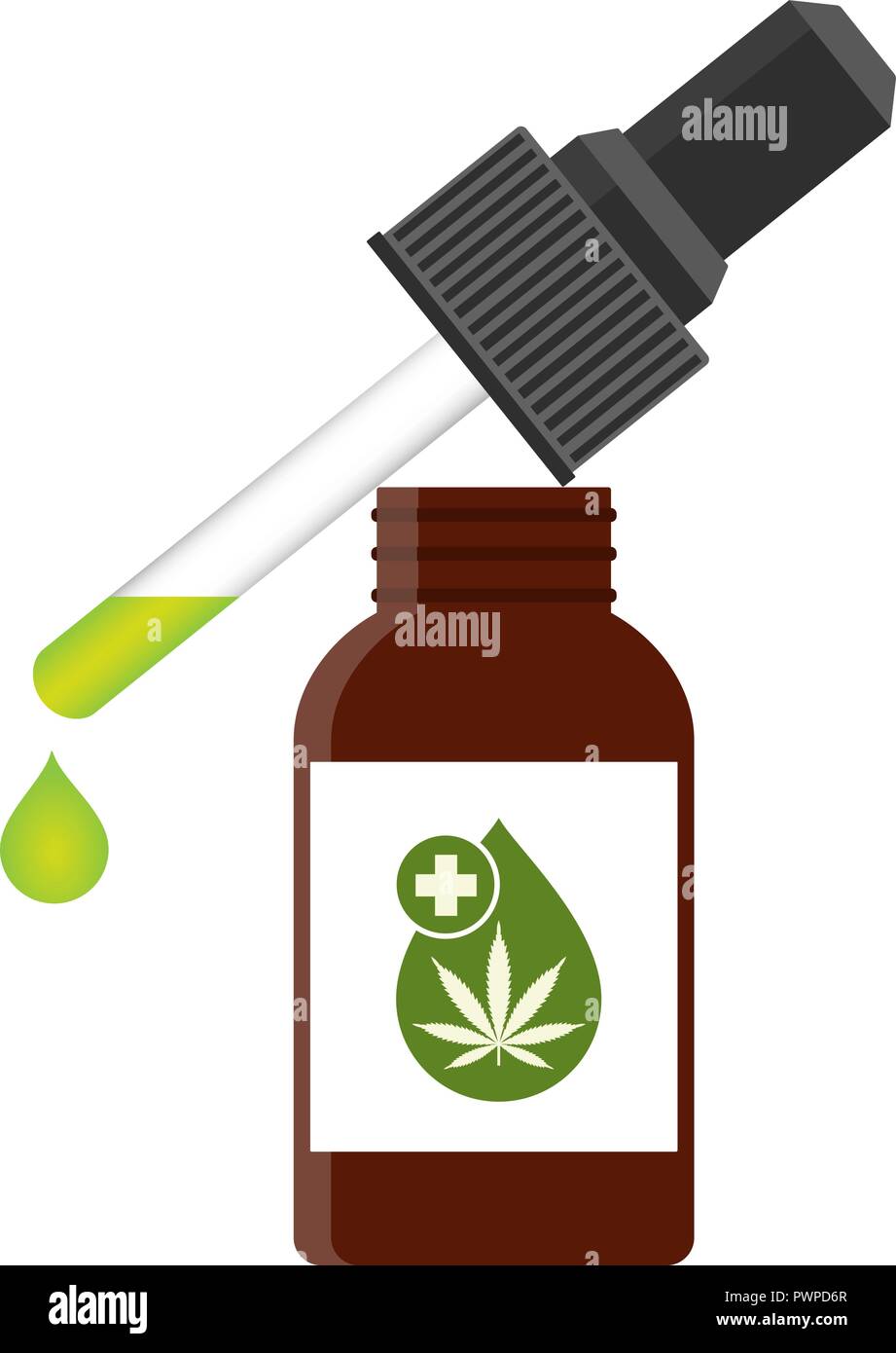 Extrait de cannabis huile de la CDB. La marijuana médicale. L'huile de chanvre dans une bouteille. Maquette de l'huile de cannabis. L'étiquette du produit et le logo de l'icône du modèle graphique. Vector illustration isolé sur fond blanc. Illustration de Vecteur