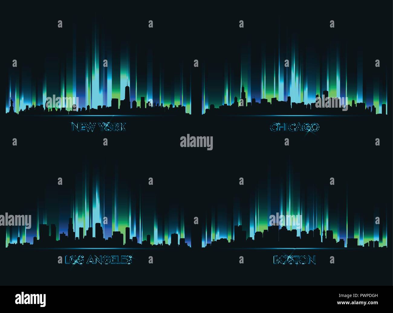 Skyline Neon American cities ensemble de silhouettes vecteur ville Illustration de Vecteur