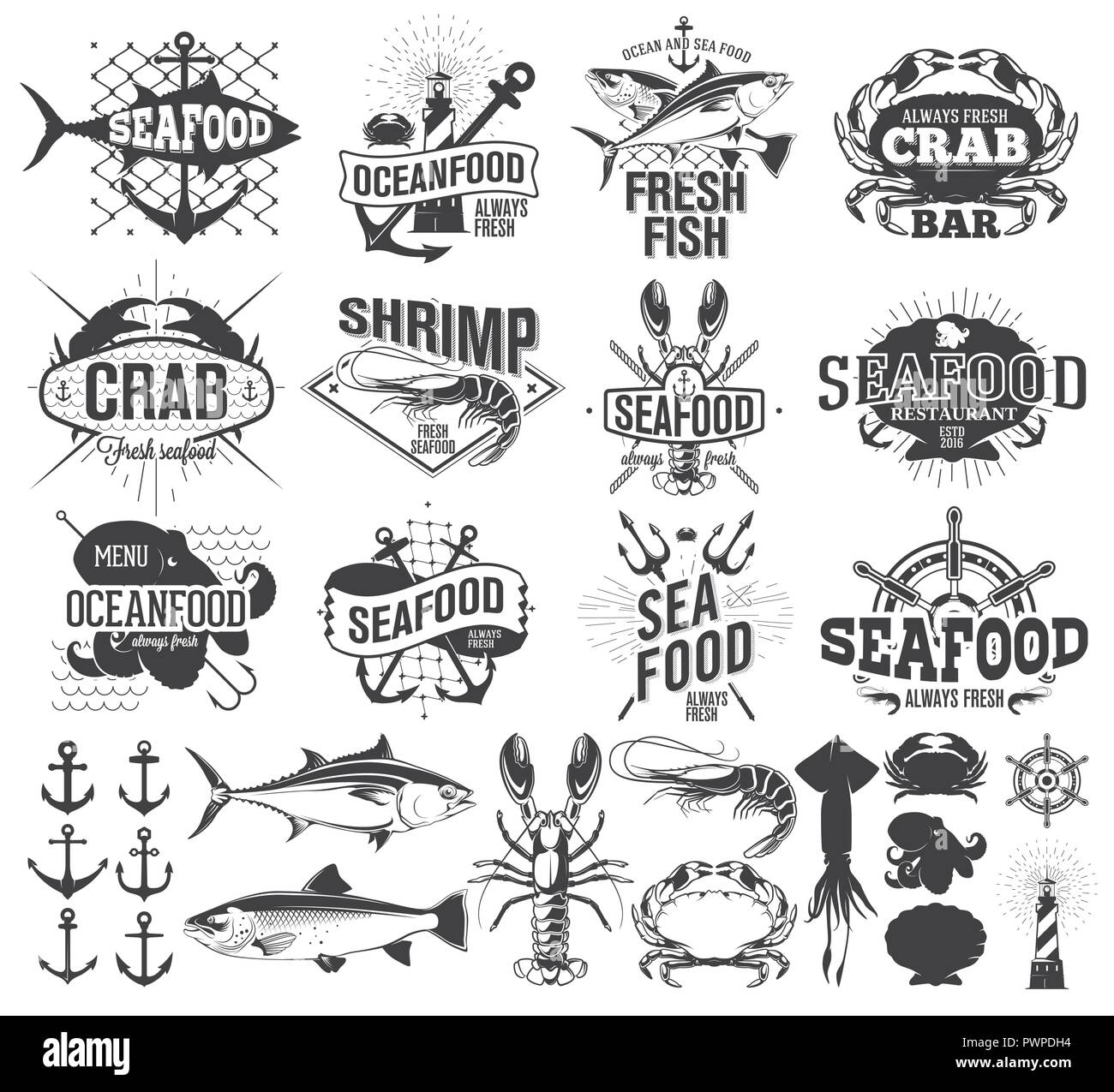 Les étiquettes de fruits de mer, le logo et l'illustration, éléments de design pour votre conception de modèle Illustration de Vecteur